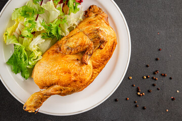 holiday chicken baked half chicken grill tasty snack fresh gourmet food background on table  rustic food top view copy space
