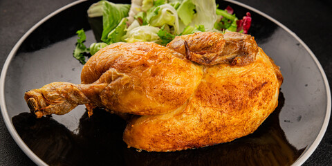 holiday chicken baked half chicken grill tasty snack fresh gourmet food background on table  rustic...