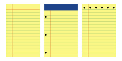 Legal Yellow Vertical Paper Line Notebook Collection. Lined Note Pad Memo Texture. Vector Illustration