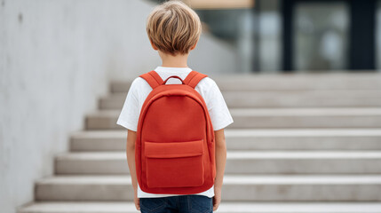 Young boy zipping backpack in back to school scene for education and childhood preparation