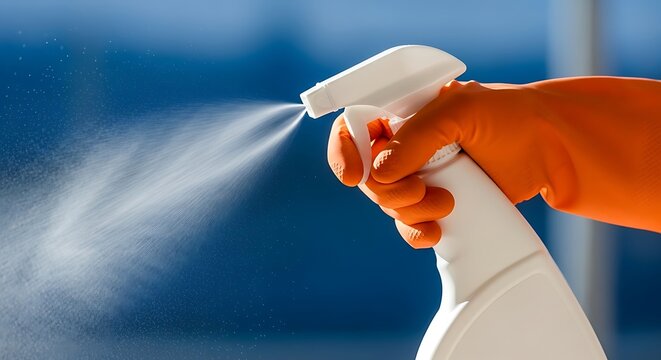 Cleaning spray bottle in orange gloves spraying cleaner solution close up