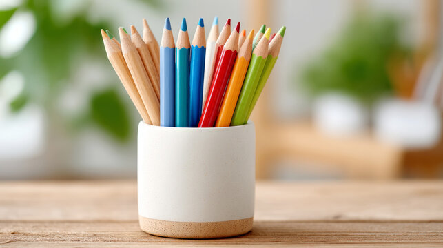 Colorful pencils in ceramic holder on wooden table for back to school inspiration