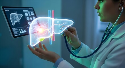 Doctor analyzing human liver anatomy with digital interface technology in hospital