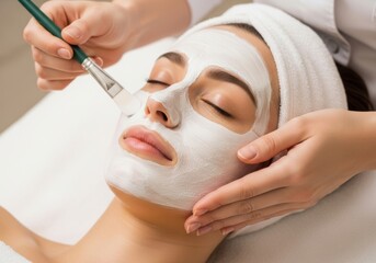 Woman receiving a facial mask treatment isolated on white background