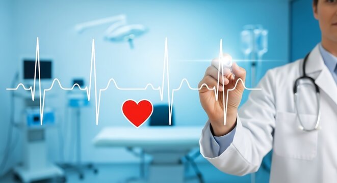 Doctor drawing heartbeat line with heart symbol in modern hospital room - Powered by Adobe