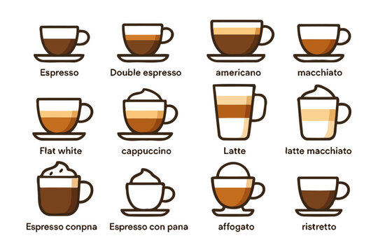 Illustrated coffee types with mugs and names displayed on white background.