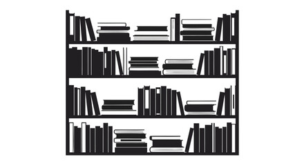 Silhouette of a tall bookshelf filled with a variety of books on four shelves