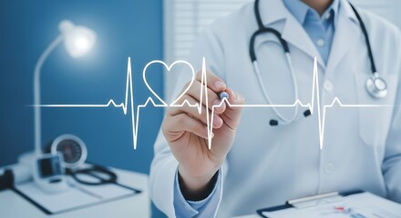 Doctor Drawing Heartbeat Line Healthcare Concept in a Modern Hospital Setting