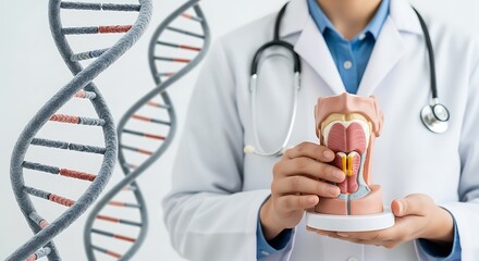 Doctor holds anatomical model of throat with DNA strand background image