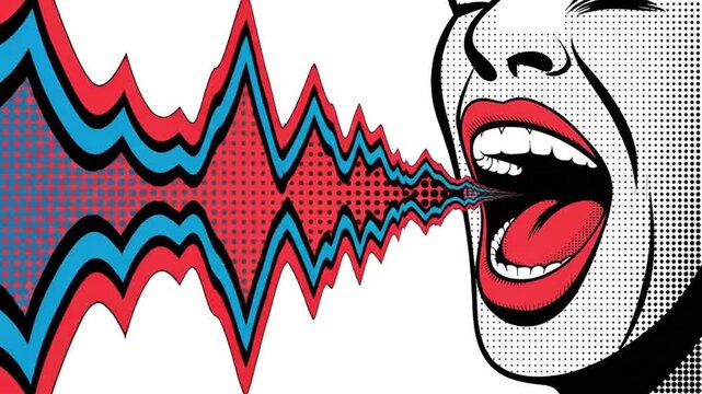 Soundwave scream: A graphic illustration captures the intensity of a scream, visualizing sound waves erupting from an open mouth. A visual representation of audio power.