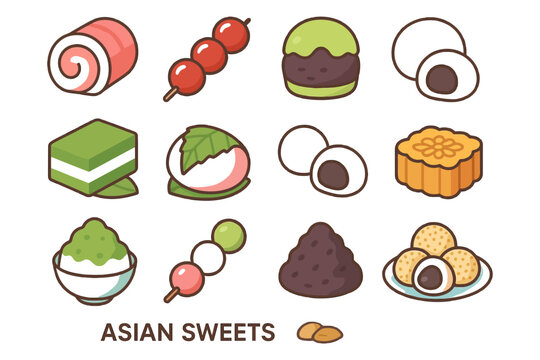 Assorted asian sweets and desserts collection in cute illustrations.