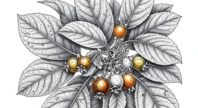 Botanical Art of Medlar Tree with Fruit and Leaves Illustration