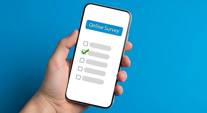 Hand holding phone showing online survey app on blue background concept - Powered by Adobe