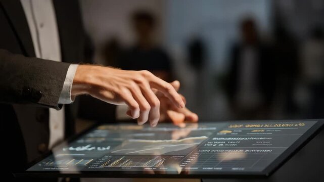 Close-up of auctioneer’s hand navigating translucent digital interface showing bidder activity and rising price indicators — representing cutting-edge online commerce systems, real-time analytics, - Powered by Adobe