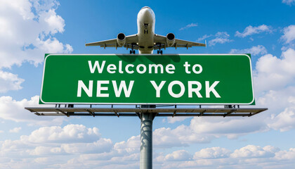 Airplane flying over New York welcome sign on a sunny day