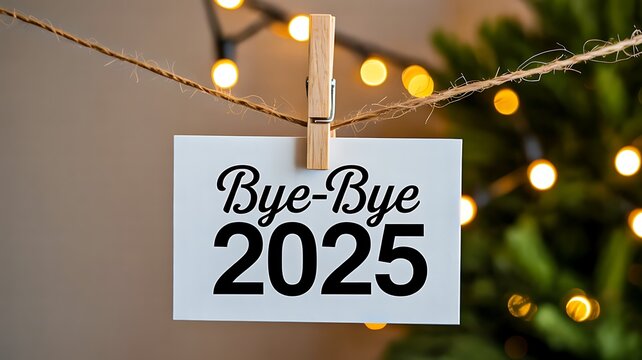 Bye-Bye 2025 Card Hanging on String with Festive Lights and Holiday Decor
