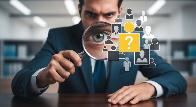 Professional investigates potential candidates using magnifying glass and digital icons