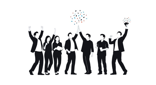 Diverse business team celebrating success with confetti and raised arms in a unified gesture of achievement - Powered by Adobe