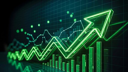 Green Financial Growth Chart with Rising Arrow and Data Analytics on Digital Grid Background
