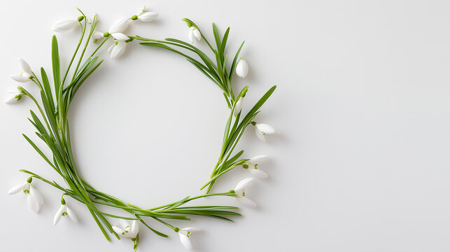 A circular wreath or frame made from snowdrop flowers (Galanthus) and their stems. The snowdrops have characteristic drooping white, bell-shaped blossoms.