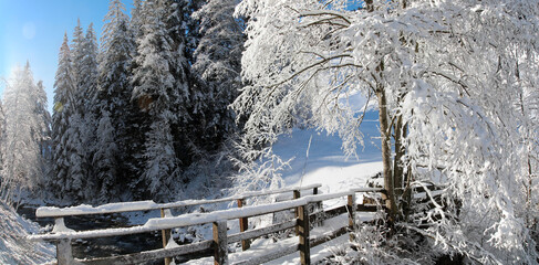 Verschneite Waldlandschaft mit Bach, &Ouml;sterreich, Europa, Panorama 