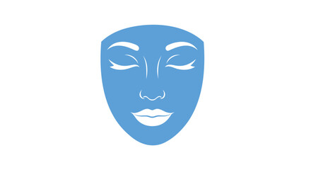 Stylized blue tribal mask with closed eyes and open lips on white background