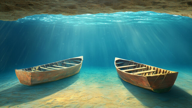 Old wooden rowboat boat cave turquoise water sunlight sand underwater sea travel adventure