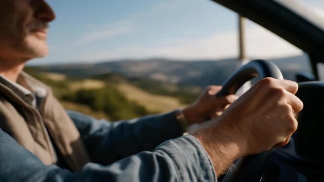 Close-up of older driver&rsquo;s hands on an electric car steering wheel reflecting sunlight and landscape, emphasizing clean energy travel, digital mobility solutions, and environmental consciousness in