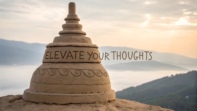 Clay structure with Elevate Your Thoughts quote at sunrise