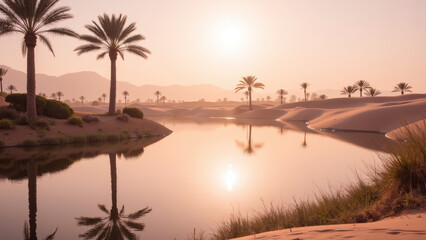 Obraz premium Serene desert landscape with palm trees, tranquil water reflection, and soft sunset hues creating peaceful atmosphere