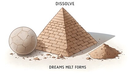 A clay pyramid dissolving into a sphere on a white background