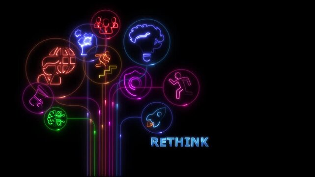 Abstract glowing rethink Concept With Connected Icons And Abstract Network On black Background