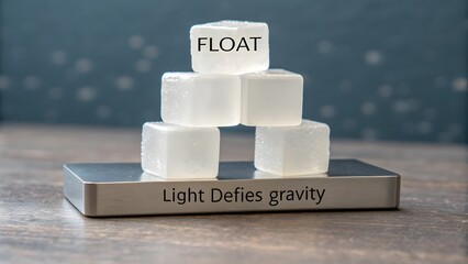 Frosted cubes weightlessly stacked on a metal plate