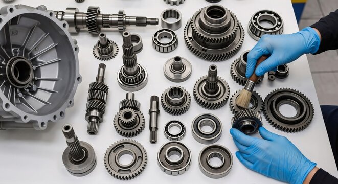 Man in blue gloves cleaning variety of disassembled precision gear parts for automotive repair service. Mechanic inspecting vehicle engine components.