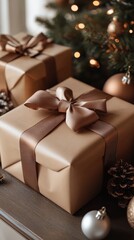 A brown box with a bow on top of it is sitting on a table next to a Christmas tree