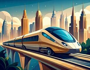 Modern high-speed train traversing an elevated urban railway through a futuristic city skyline
