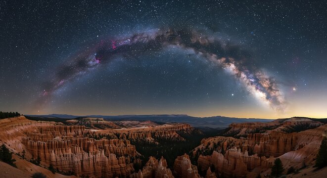 Bryce canyon under a stunning milky way arch in the night sky