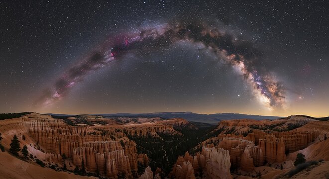 Bryce canyon national park under a stunning sweeping milky way arch