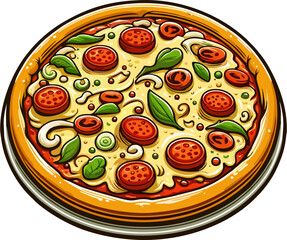 Hand-Drawn Vector Pizza on Plate with Colorful Toppings, Italian Food Illustration