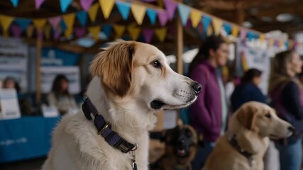 Festive “Adoption Day” event at a community pet shelter filled with colorful banners, families, and joyful pets — a celebration of hope, compassion, and the shared mission to end pet homelessness