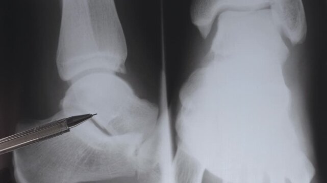 Doctor learning Medical X-ray with sprain and rupture of ankle ligaments. Popular foot trauma ankle dislocation.