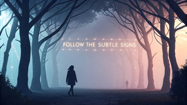 Woman following the subtle signs in a misty surreal forest - Powered by Adobe