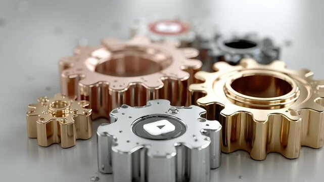 Interlocking Gears: A close-up showcases a collection of metallic gears, their teeth meshing perfectly, symbolizing the seamless coordination and intricate workings of a complex system.