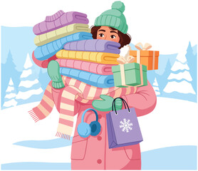 Person bundled up in winter clothing carrying gifts and shopping bags in snowy landscape.