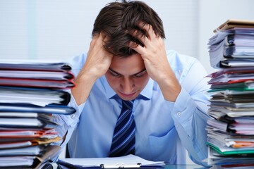 Overwhelmed Businessman Surrounded by Piles of Paperwork