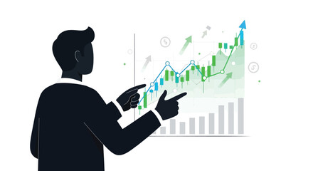 Silhouette of a businessman pointing at a rising stock market graph with financial data and charts