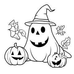 Cute Funny Halloween Vector Illustration coloring pages with pumpkins, ghosts, and bats for kids