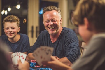 A cheerful man enjoys playing poker with two kids at a wooden table. Everyone is smiling and engaged in the game, surrounded by warm lighting in a comfortable space