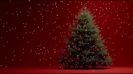 Festive spinning Christmas Tree with ornaments and snow on red background - Powered by Adobe