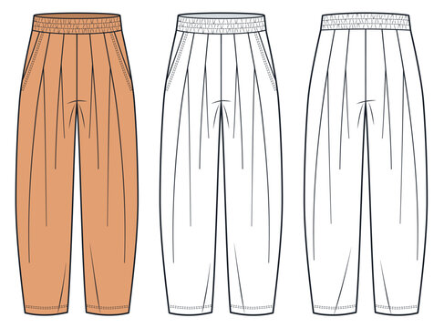 Pleated Pants fashion flat sketch. Jogger Pants fashion flat technical drawing template, elastic waistband, loose fit, front and back view, white, terracotta color, women, men, unisex CAD mockup set.